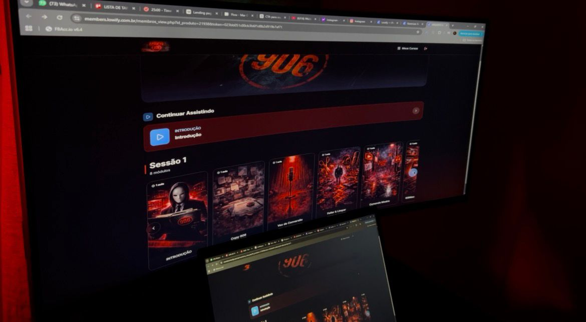 Área de membros do Arquivo 906 com módulos estilo Netflix